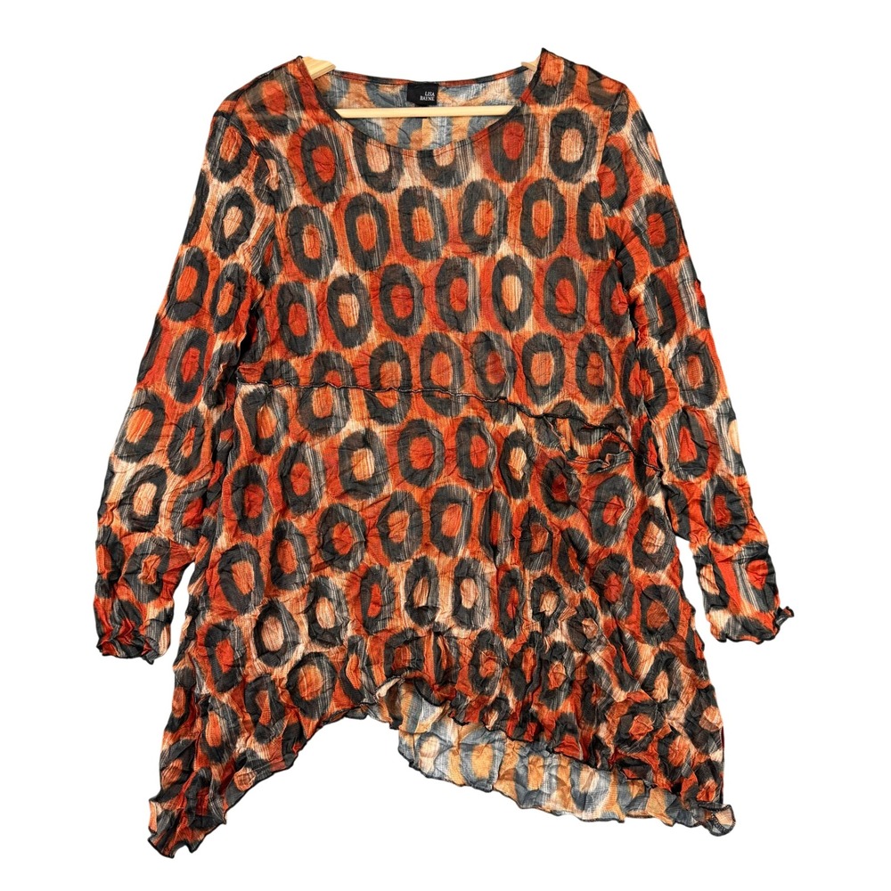 Lisa Bayne Petite Large Orange Black Crinkle Mesh Asymmetric Tunic Top